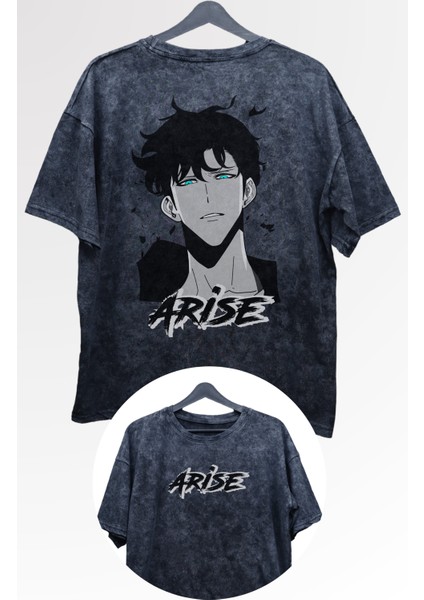 Oversize Arise Anime Sırt Baskılı Yıkamalı T-Shirt, Unisex Solo Leveling Baskılı Eskitme Tişört