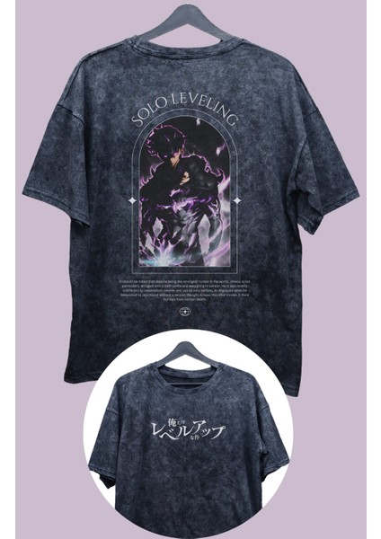 Oversize Yazılı Solo Leveling Sırt Baskılı Yıkamalı T-Shirt, Unisex Anime Baskılı Eskitme Tişört