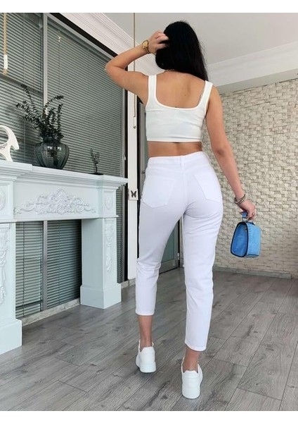 Yüksek Bel Kot Jean - Beyaz Renk