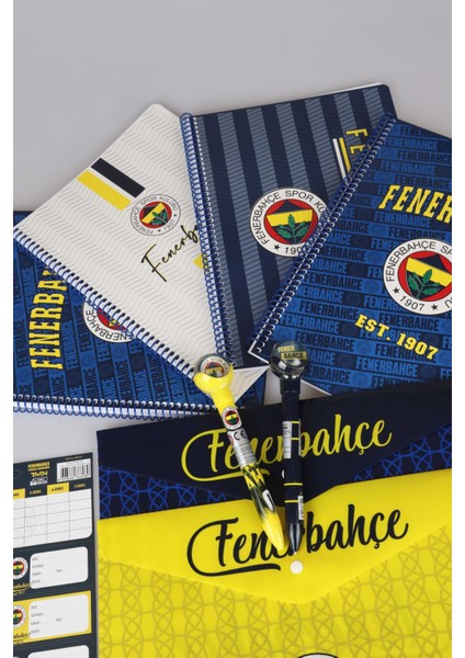 Lisanslı Fenerbahçe A4 Spırallı 2 Adet Kareli,2 Adet Çizgili Defter,top Başlıklı Uçlu Kalem,16'lı Okul Etiketi,2 Adet Çıtçıt Dosya Seti