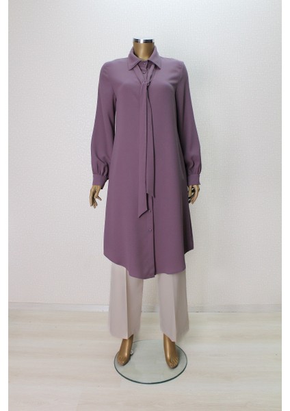 Moda Nervür 7004 Yakası Fularlı Önü Düğmeli Fular Yaka Tunik Qys Tunik 7004 ##23-03#