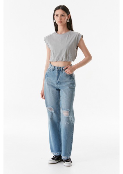 Basic Beli Büzgülü Crop Tişört