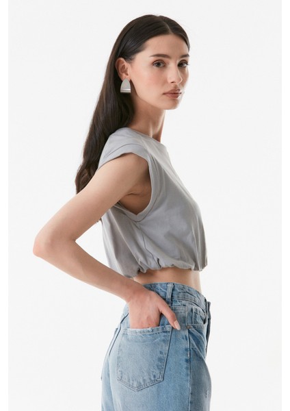 Basic Beli Büzgülü Crop Tişört