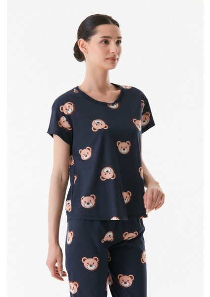 Ayıcık Baskılı Bisiklet Yaka Pijama Takımı modelleri