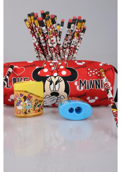 Dekomus Ile Lisanslı Mınnıe Mouse Kalem Çantası ve 2 Adet Silgili Kurşun Kalem ve Kalemtraş Seti