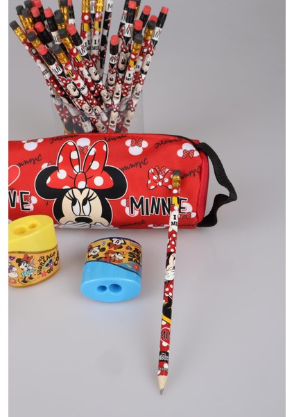 Dekomus Ile Lisanslı Mınnıe Mouse Kalem Çantası ve 2 Adet Silgili Kurşun Kalem ve Kalemtraş Seti