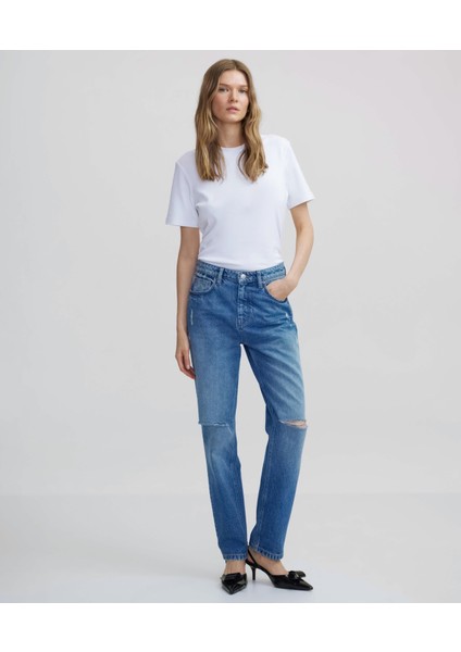 Eskitme Efektli Wide Leg Fit Jean Pantolon