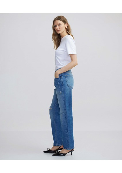 Eskitme Efektli Wide Leg Fit Jean Pantolon