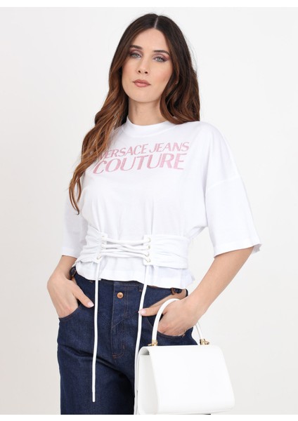 Versace Jeans Couture Yuvarlak Yaka Baskılı Beyaz Kadın T-Shirt 76HAHG04