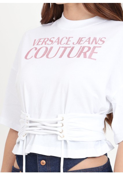 Versace Jeans Couture Yuvarlak Yaka Baskılı Beyaz Kadın T-Shirt 76HAHG04