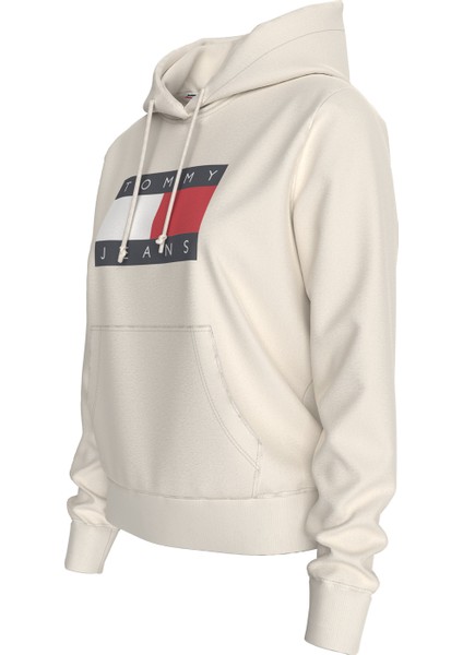 Tommy Jeans Baskılı Beyaz Kadın Sweatshırt Tjw Reg Tommy Flag Hoodıe Ext