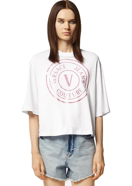 Versace Jeans Couture Yuvarlak Yaka Baskılı Beyaz Kadın T-Shirt 76HAHG05