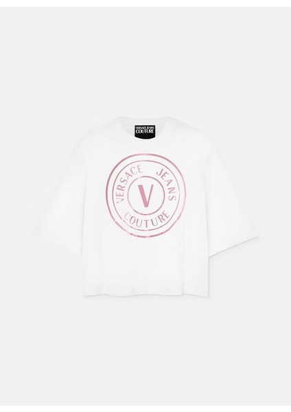 Versace Jeans Couture Yuvarlak Yaka Baskılı Beyaz Kadın T-Shirt 76HAHG05