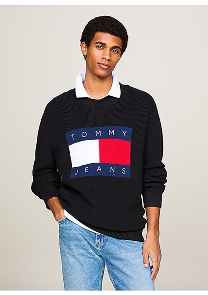 Tommy Jeans Bisiklet Yaka Regular Fit Baskılı Siyah Erkek Kazak DM0DM19186BDS Reg Dna Flag Sweater