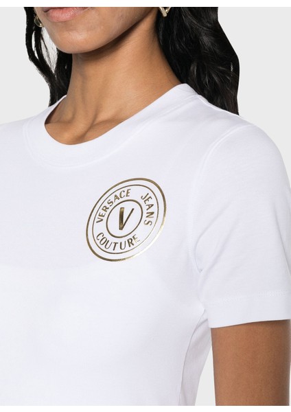 Versace Jeans Couture Yuvarlak Yaka Baskılı Beyaz Kadın T-Shirt 76HAHT02