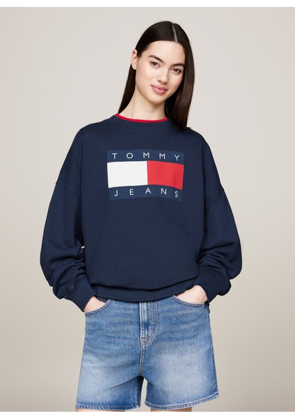 Tommy Jeans Yuvarlak Yaka Baskılı Lacivert Kadın Sweatshırt Tjw Ovs Tommy Flag Crew