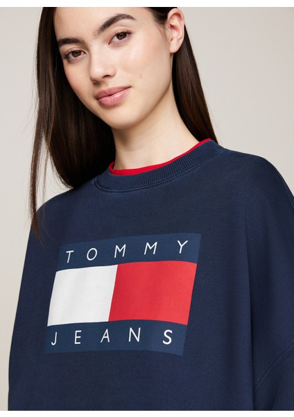 Tommy Jeans Yuvarlak Yaka Baskılı Lacivert Kadın Sweatshırt Tjw Ovs Tommy Flag Crew