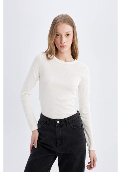 Slim Fit Dar Kesim Bisiklet Yaka Fitilli Kaşkorse Basic Düz Uzun Kollu Tişört C7516AX24AU