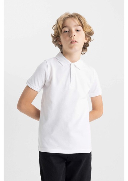 Erkek Çocuk Polo Yaka Basic Düz Pike Kısa Kollu Beyaz Okul Tişörtü K1689A624AU