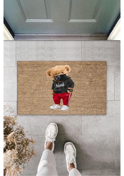 Dekoratif Dijital Maskeli Ayıcık Bej Kapı Paspası Dış Mekan Paspas K-3179