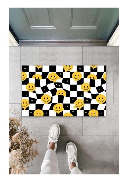 Dekoratif Dijital Gülbdmrkt Emojiler Sarı-Siyah Kapı Paspası Dış Mekan Paspas K-3128