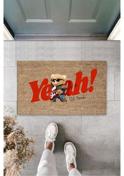 Dekoratif Dijital Oh Yeah Ayıcık Bej Kapı Paspası Dış Mekan Paspas K-3188