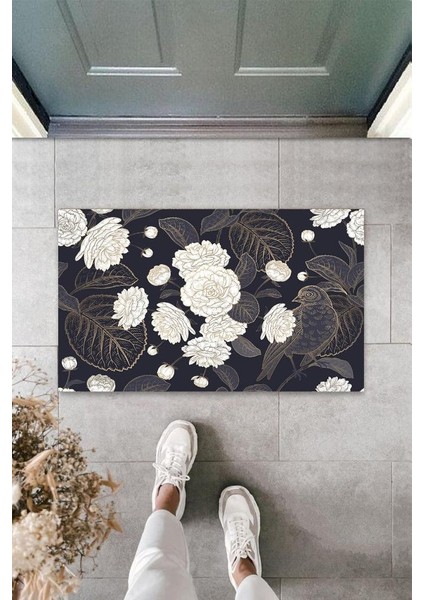 Dekoratif Dijital Çiçekler Arasında Tek Kuş Siyah Kapı Paspası Dış Mekan Paspas K-3109