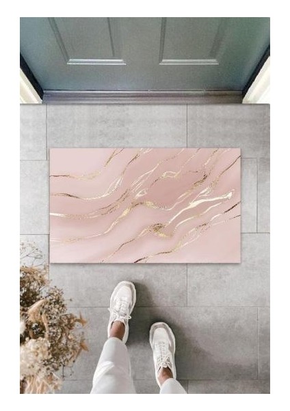 Dekoratif Dijital Modern Dalgalı Açık Pembe Kapı Paspası Dış Mekan Paspas K-3113