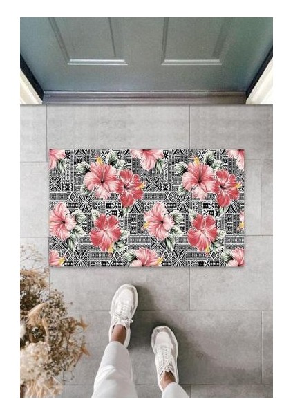 Dekoratif Dijital Zambak Pembe Kapı Paspası Dış Mekan Paspas K-3059