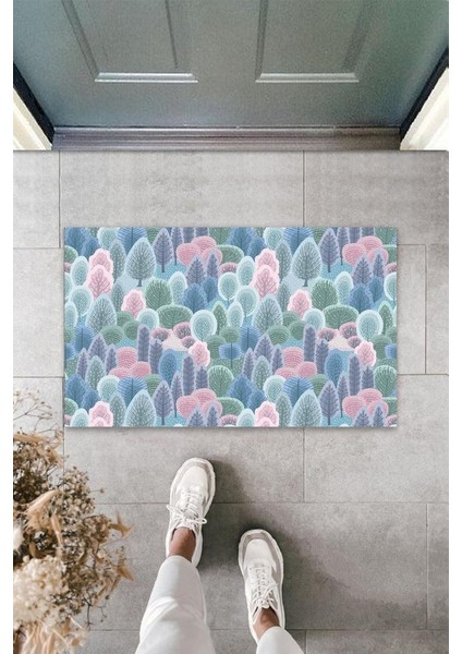 Dijital Baskı Pembe-Mavi Küçük Ağaçlar Paspas K-3094