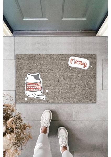 Dijital Baskı Gri Meowy Yazılı Arkasını Dönmüş Kazaklı Kedi Dekoratif Kapı Paspası K-2061