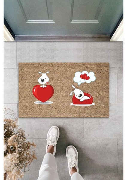 Dijital Baskı Kahverbdmrktgi Kırmızı Kalpli Rüya Görbdmrkt Köpekler Dekoratif Kapı Paspası K-2012