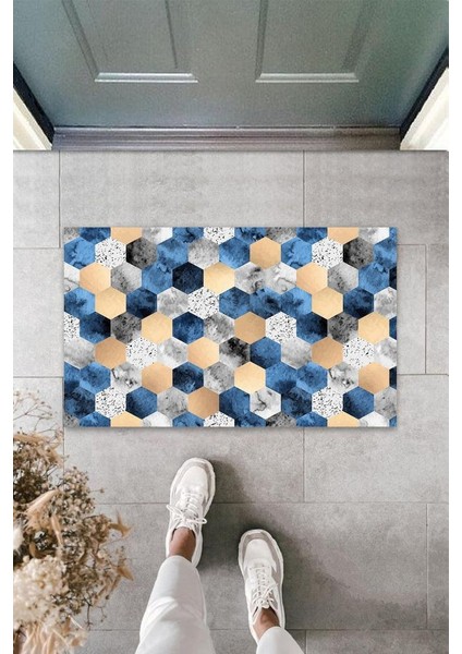 Dijital Baskı Mavi Petek Kapı Paspası K-3091