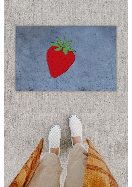 Dijital Baskı Dekoratif Çilek Antrasit Kapı Önü Paspası K-1297