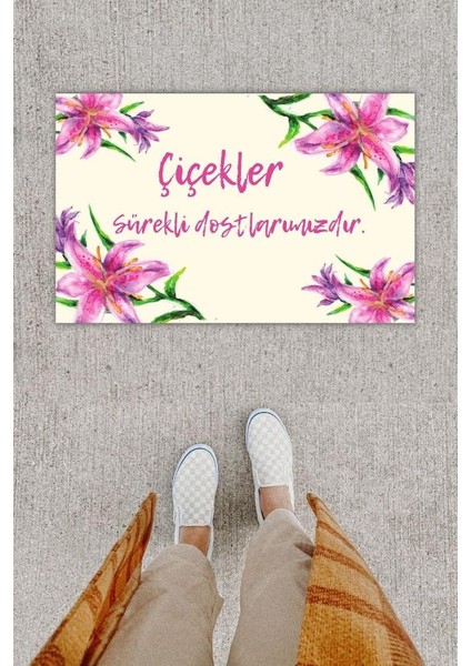 Dijital Baskı Dekoratif Zambak Pembe Kapı Önü Paspası K-1204