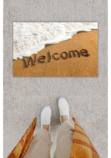 Dijital Baskı Dekoratif Welcome Beyaz Kapı Önü Paspası K-1253