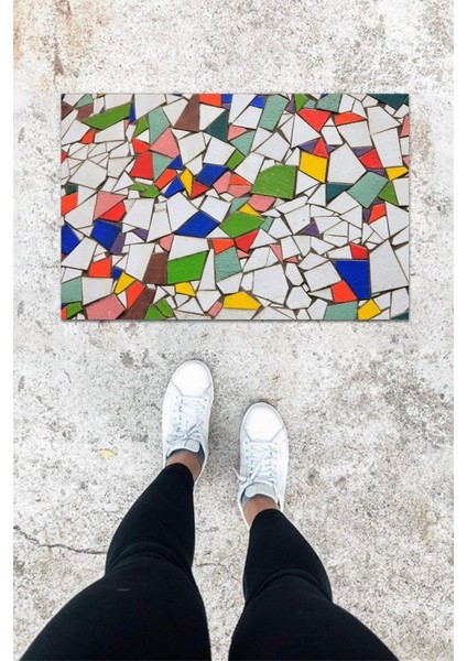 Dijital Baskı Beyaz Kırık Mozaik Desbdmrkt Kapı Önü Paspası K-1073