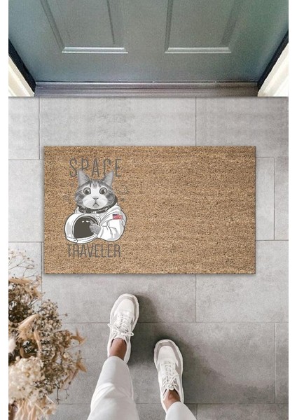 Dijital Baskı Kahverbdmrktgi Space Traveler Astronot Kedi Dekoratif Kapı Paspası K-2034