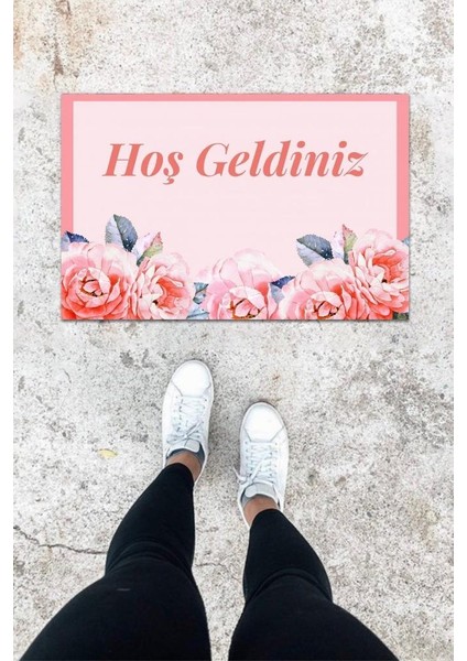Dijital Baskı Pembe Gül Desbdmrkt Kapı Önü Paspası K-1011