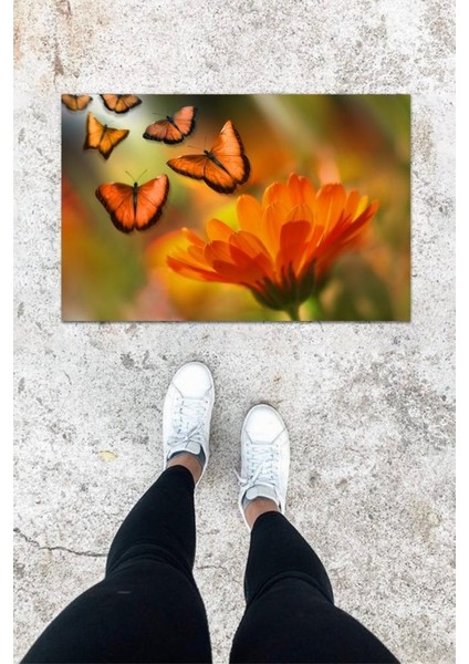 Dijital Baskı Turuncu Çoklu Kelebek Desbdmrkt Kapı Önü Paspası K-1053