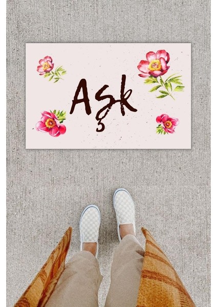 Dijital Baskı Dekoratif Çiçek Krem Kapı Önü Paspası K-1206