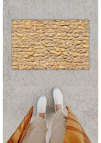 Dijital Baskı Dekoratif Taş Duvar Bej Kapı Önü Paspası K-1264