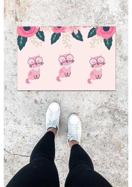 Dijital Baskı Açık Pembe Üç Kedili Desbdmrkt Kapı Önü Paspası K-1026