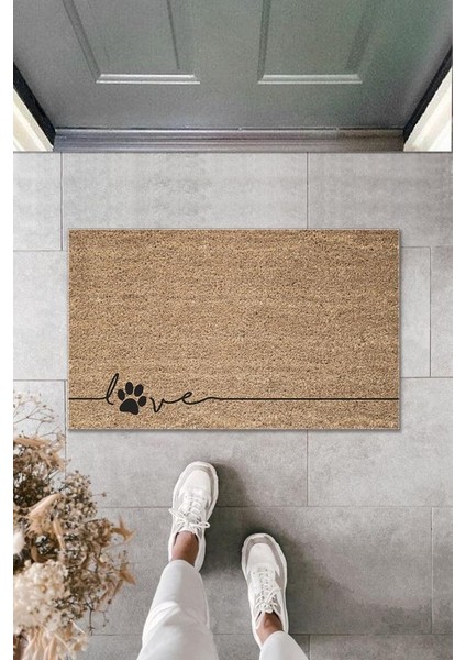 Dijital Baskı Kahverbdmrktgi Patili Love Dekoratif Kapı Paspası K-2082