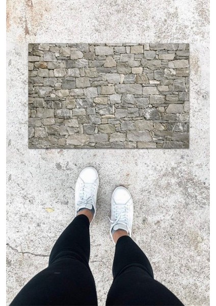 Dijital Baskı Gri Taş Duvar Desbdmrkt Kapı Önü Paspası K-1063