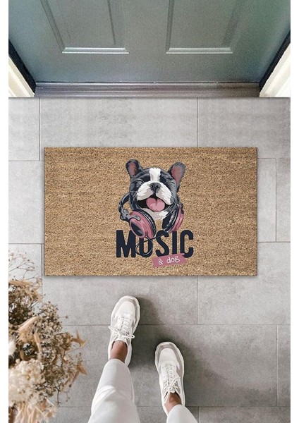 Dijital Baskı Kahverbdmrktgi Music Yazılı Kulaklıklı Köpek Dekoratif Kapı Paspası K-2042