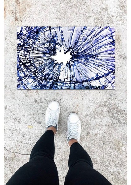 Dijital Baskı Mavi Kırık Cam Desbdmrkt Kapı Önü Paspası K-1010