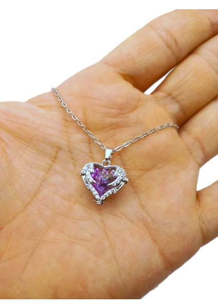 Kadın Paslanmaz Çelik Kristal Mor Zirkon Taşlı Işıltılı Kalpli Kolye fiyatları