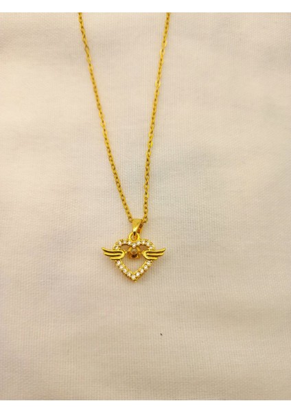 Zirkon Taşlı Kanatlı Kalp Kadın Kolye Gümüş Kaplama Gold