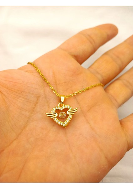 Zirkon Taşlı Kanatlı Kalp Kadın Kolye Gümüş Kaplama Gold